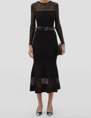 $2840 Alexander McQueen Women's Black Lace And Ribbed Silk Midi Dress Size XS - Image 1 of 4