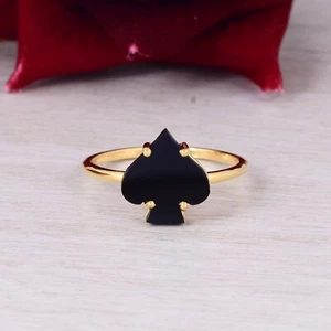 Yellow Gold Spade Black Onyx Gemstone Ring Most Trendy Best Friend Gift Jewelry - Picture 1 of 15
