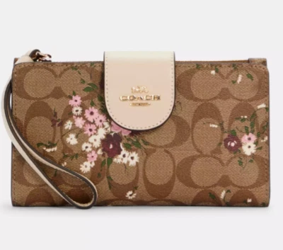 Coach Tech Phone Wallet Signature leather brown pink Floral Print C3722 wristlet - Image 1 of 4