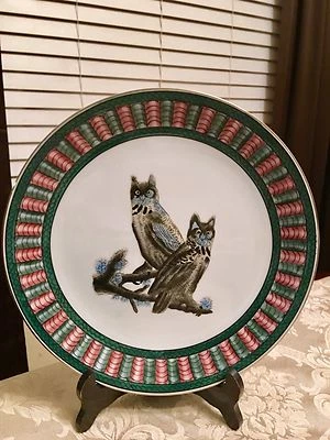 Linda placa decorativa vintage coruja coruja porcelana colecionável rosa e verde - Imagem 1 de 4