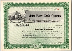 Vintage c1906 Stock Certificate "Union Paper Goods Company" NJ - Picture 1 of 2