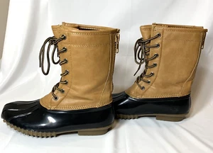 Madden Girl Duck Boots Womens 7.5 Tall Zip FLURRYY Red Plaid Flannel Lining - Picture 1 of 8