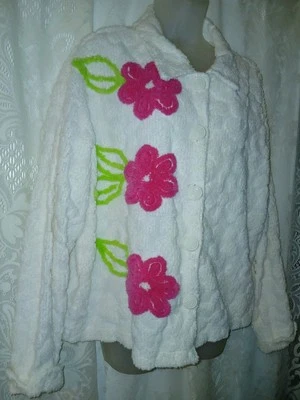 Chaqueta Abrigo Bata Vintage Años 90 Chatarra Blanco Chenilla Rosa Caliente Margarita Floral L Foto 1 de 4