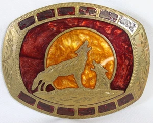 Stunning Vtg Johnson & Held Belt Buckle Howl Wolf Red Orange Inlay Western Big - Picture 1 of 8