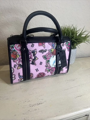 Ed Hardy Tattoo Women’s Skull & Roses Print Pink Satchel Crossbody Shoulder Bag - Image 1 of 4