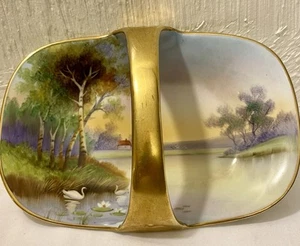 VINTAGE HANDPAINTED NIPPON GOLD HANDLED OVAL PORCELAIN DISH SWANS BARN MINT NICE - Picture 1 of 10