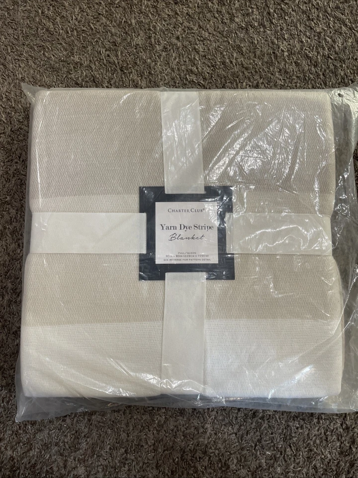 Manta Charter Club Hilado Tinte Rayas Tostado y Blanco Acrílico Queen - Venta al por menor $100, Nueva Foto 1 de 4