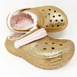 Crocs Kids Classic Lined Chunky Glitter Clog Girls C12 Gold Glitter Pink Sparkly - Picture 1 of 19