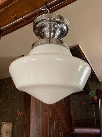 1920's Flush Mount 12" School House Light, Chromed Base, Ready 2 Use, Free S/H Cover