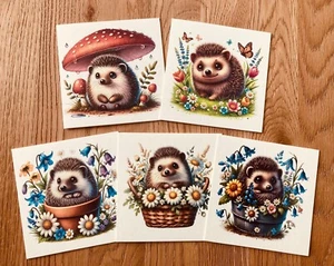 Notelets pk5 Hedgehog design on cream cards & envelopes 5" x 5" (NOHH01) - Picture 1 of 14