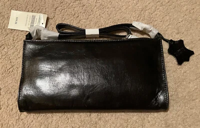 Mini Cartera Coldwater Creek Negra Esmaltada Cuero Genuino Cierre con Cremallera, Bolso, Nueva Foto 1 de 4