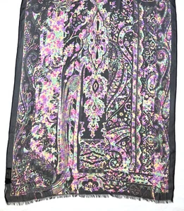 ETRO Sheer Black Paisley Floral Silk Scarf Wrap Fringe Colorful Italy 63" x 26" - Picture 1 of 4