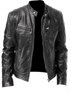 Men's Biker Leather Jacket Cafe Racer Black & Brown Soft Sheep Skin Leather Coat - Picture 1 of 9