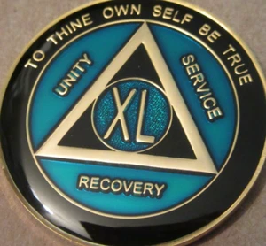 Teal Blue AA Alcolisti Anonimi 40 Anni Medaglione Oro Nero Gettone Moneta Chip - Foto 1 di 7