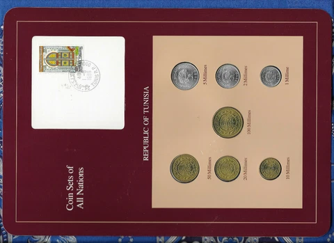 Coin Sets of All Nations Tunisia wcard UNC 5,20,50,100 Millimes 1983 1,2,10 1960 Cover