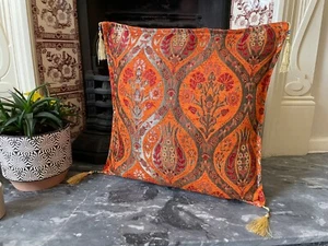 Orange Chenille Cushion Cover 40x40cm, Ottoman Motif with Tassels, Boho Decor - Picture 1 of 10