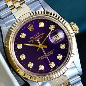 ROLEX MENS DATEJUST WATCH 18KY GOLD & STAINLESS STEEL PURPLE DIAL FLUTED 36MM - Picture 1 of 22
