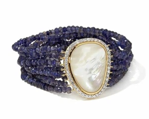Meher Vermeil 2ct MOP w/ White Zircon Accents & Iolite Beads Stretch Bracelet SS - Picture 1 of 2