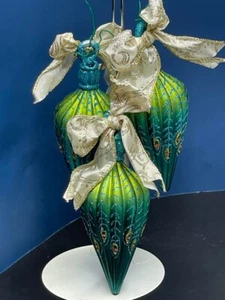 Hand blown glass Peacock Feather Cone Christmas Tree Ornament. Set of 3 - Picture 1 of 7