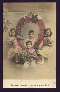 Tinted RPPC Children Siblings Horseshoe Roses Postcard - Picture 1 of 1