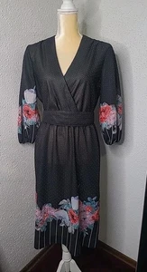 Vintage 70s 80s Corporate Low Neckline Wrap Blouse Border Dress Belt Secretary - Picture 1 of 6