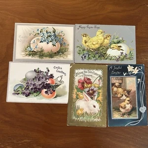 5 postales antiguas de Pascua pollitos huevos de conejito florales principios de 1900 - Imagen 1 de 14