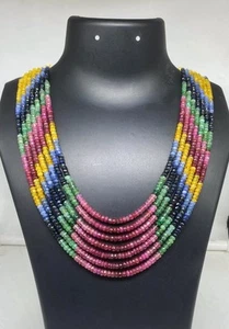Multi Sapphire Necklace 7 Line 4-5mm Faceted Round Beads Handmade Jewelry - Picture 1 of 4