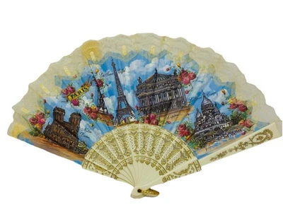 Abanico de mano vintage París monumentos paisaje beige encaje dorado costilla de plástico Foto 1 de 4