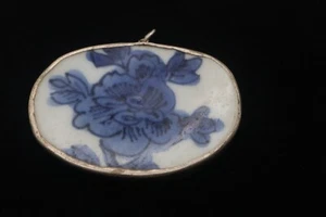 Large Antique Sterling Silver Chinese Ming Blue & White Porcelain Pendant - Picture 1 of 2