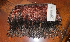 Nwt Tahari Black Fringe Beaded and Copper Sequin Purse Crystal Closure MSRP $88 - Picture 1 of 9