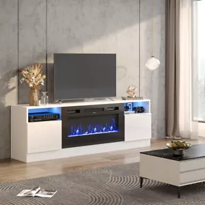 178cm 70in Modern TV Stand Cabinet Unit w/ 36in Electric Fire w/LED Lights White - Picture 1 of 20
