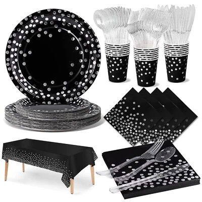 141 piezas suministros de fiesta negros y plateados 20 invitados decoraciones de fiesta plateadas pa... Foto 1 de 4