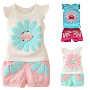 Toddler Kids Baby Boys Girls Flower Outfits T shirt Tops+Shorts Pant Clothes Set