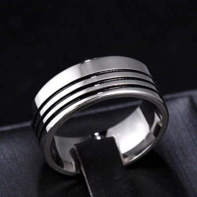 Retro Black Enamel Band Men's Jewellery 8mm Titanium Steel Silver Ring Size 7-13 - Image 1 of 4
