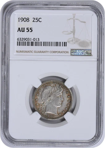1908 Barber Silver Quarter AU55 NGC Cover