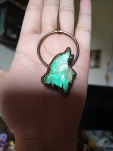 Opalite Wolf Electroformed Necklace Howling Wolf Carving - Picture 1 of 7