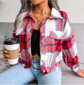 Women's M Red Casual Plaid Long Sleeve Wool Blend Shacket Button Down Shirt Jack - Picture 1 of 8