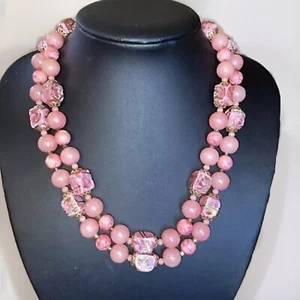 Vintage Pink Acrylic Bead Beaded Double Layered Strand Collar Necklace - Picture 1 of 6