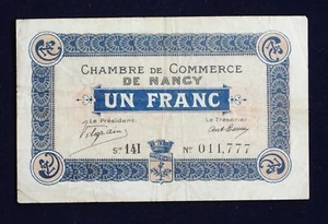 1918 Cámara de Comercio de Nancy papel moneda sin 1 franco Francia Primera Guerra Mundial fino + - Imagen 1 de 4