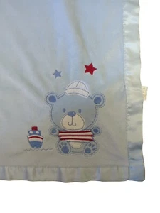 Carter's Crib Blanket Baby Blue Satin Edge & Back 30 × 30" Teddy Bear Sail Boat - Picture 1 of 7