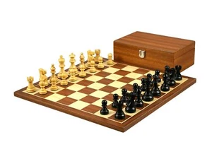 16 Inch Mahogany Chess Set Flat Board 3 Inch Weighted Ebony Staunton Pieces - Picture 1 of 10