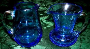 2 Cute Blue Glass Pitchers w/One being Crackle Glass - Picture 1 of 1