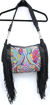 MARIA'S ARTISAN SHOP МНОГОЦВЕТНЫЙ W/ПТИЦЫ НАПЛЕЧНАЯ СУМКА ИЗ ЧЕРНОЙ КОЖИ С БАХРОМОЙ БОГЕМНОЕ - Изображение 1 из 4