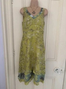 Gorgeous Fenn Wright Manson UK12 lime green silk midi dress, grey/brown patterns - Picture 1 of 18