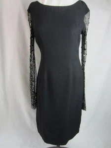 *1960s Little Black Dress  Sheath Fish Net Rhinestone Long Sleeves Women's Sz - Picture 1 of 5