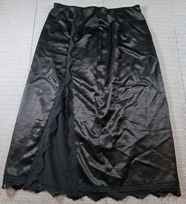 黑色女式缎面迷笛懒人裙开衩蕾丝饰边 31 英寸腰 31 英寸长  — 第 1/3 张图片