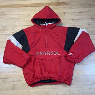 Vintage UGA Georgia Bulldogs 90s Starter Windbreaker Jacket Hooded Half Zip - Image 1 of 4