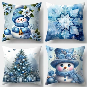 Quattro bellissimi copricuscini albero pupazzo di neve natalizio a tema blu.  18" x 18" - Foto 1 di 5