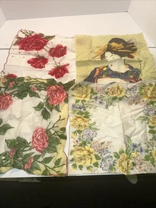 Vintage Ladies Hankies Lot Of 4 roses and Oriental lady Japanese lady - Picture 1 of 5