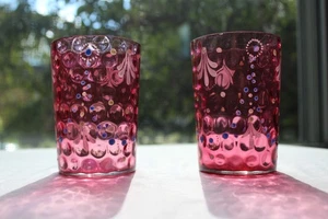 2 Victorian Thumbprint Coin Dot Cranberry Glass Painted Floral Enamel Tumblers - Picture 1 of 24